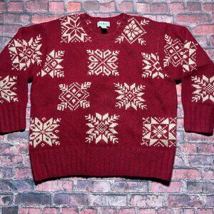 Vtg LL Bean Sweater Womens L Red Holiday Wool Ski Snowflake Fair Isle Cottage